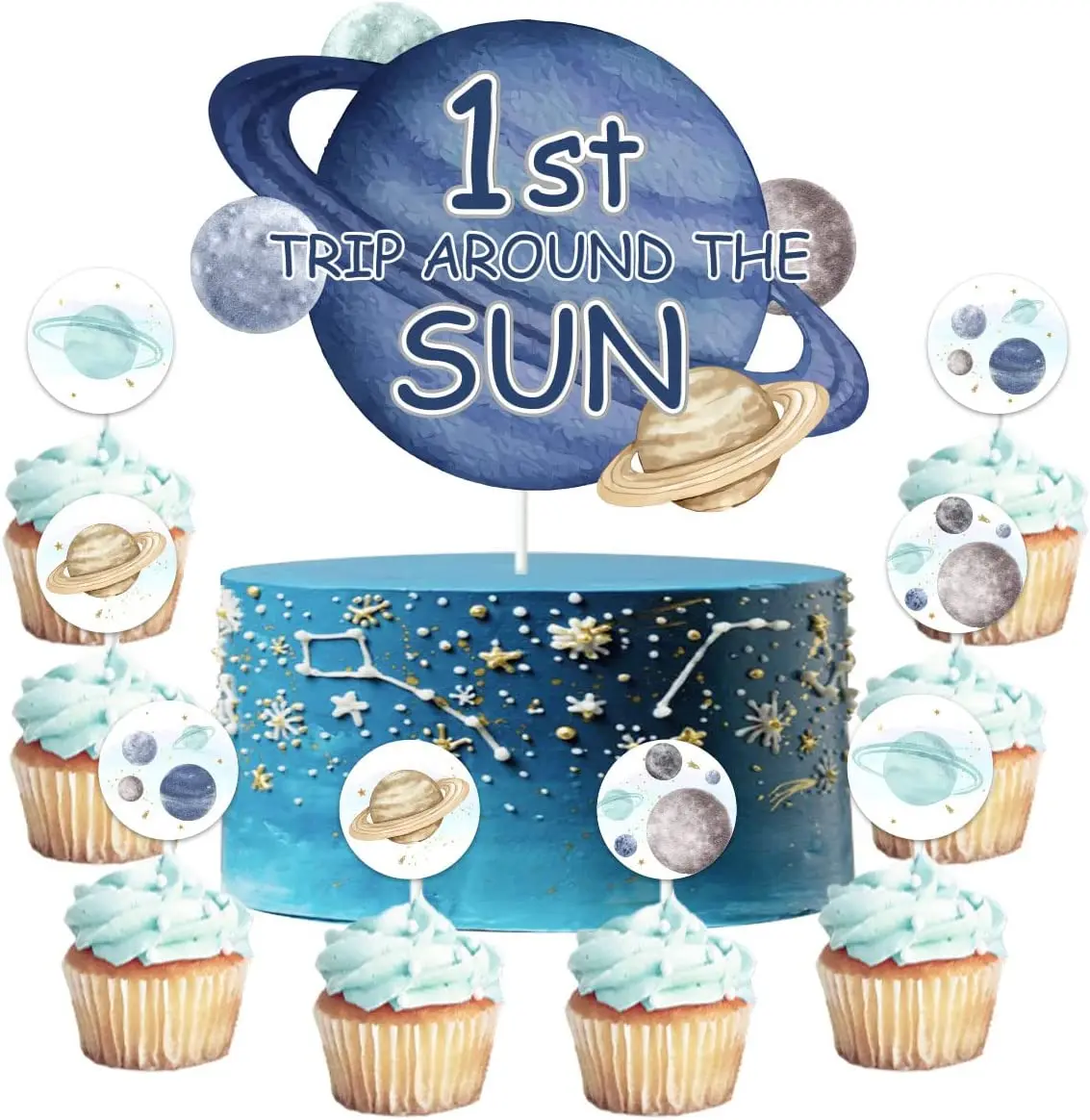 

25PCS First Trip Around The Sun Cake Topper Outer Space Cupcake Toppers for Boys Galaxy Solar System 1st Birthday Decorations