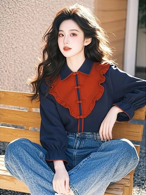 

Весна-Осень 2025: Новая женская блузка с уникальным дизайном, молодежная, синяя, с кружевными вставками, длинный рукав