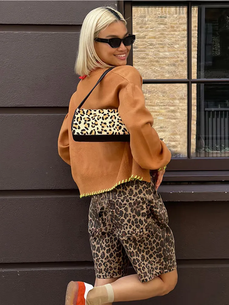 Fashion Leopard Print With Pockets Shorts Women's High Waist Front Zipper Button Pants 2025 Summer Vocation High Streetwear