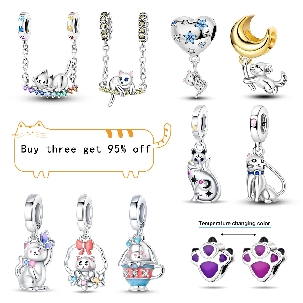 Lovely 925 Sterling Silver Teacup Cat Love Paw Charms Fit DIY Bracelet Necklace Boutique Pet Accessories Party Favors