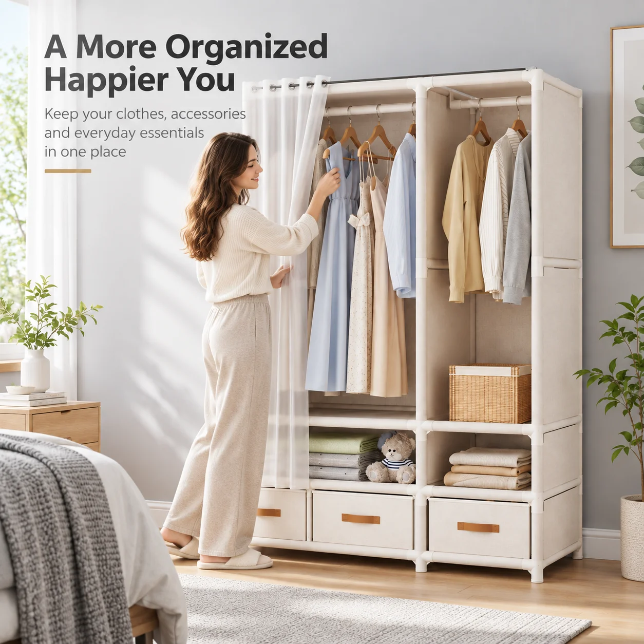 AOLIVIYA Bedroom Large Capacity Cloth Wardrobe Floor Assembly Simple Clothes Storage Cabinet with Drawer Rack