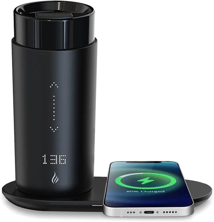 Temperature-controlled travel mug Self-heating 12oz black 5-hour battery life Heated coffee Smart mug with wireless charger