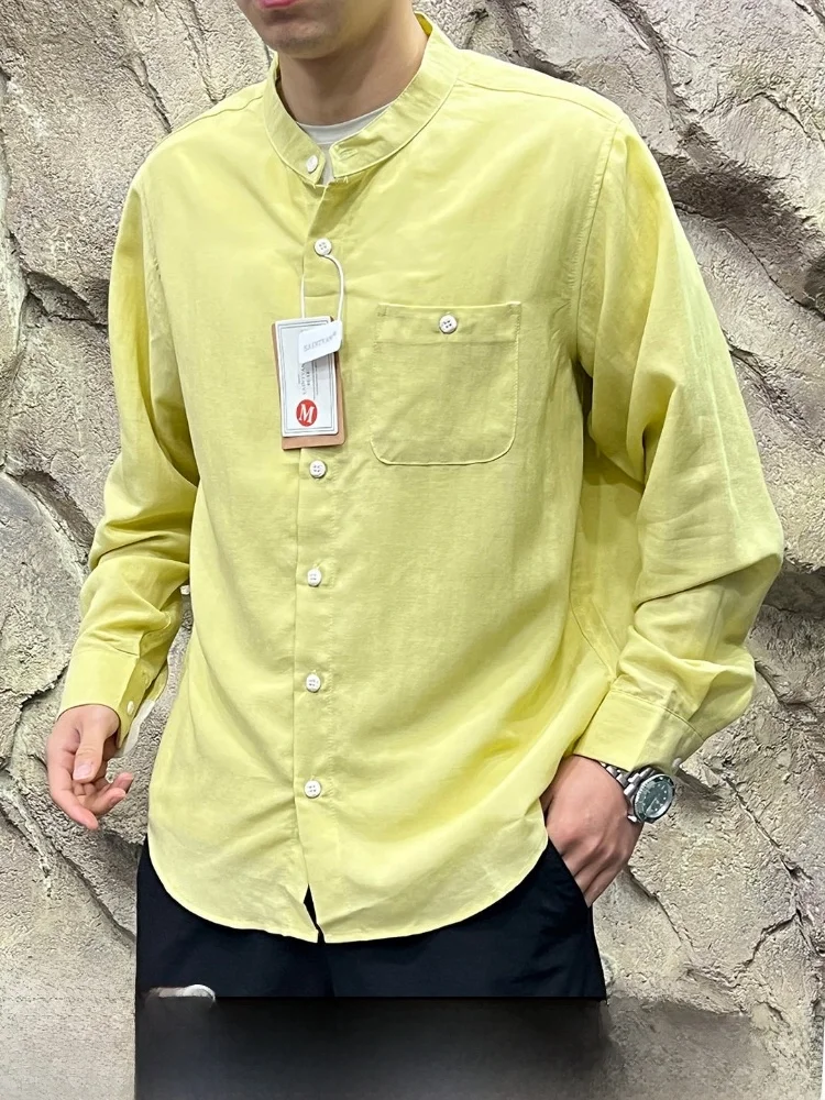 

Linen Blend Long Sleeve Shirt Men's Summer Vintage American Style Henry Collar Breathable Comfortable Casual Wear Standard Fit