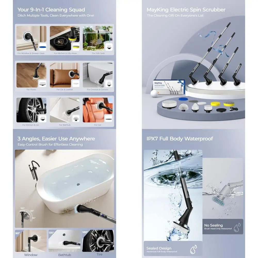 

Cordless Adjustable 3-Speed Electric Scrubber with 9 Brushes for Deep Cleaning Bathroom Tiles & Bathtub