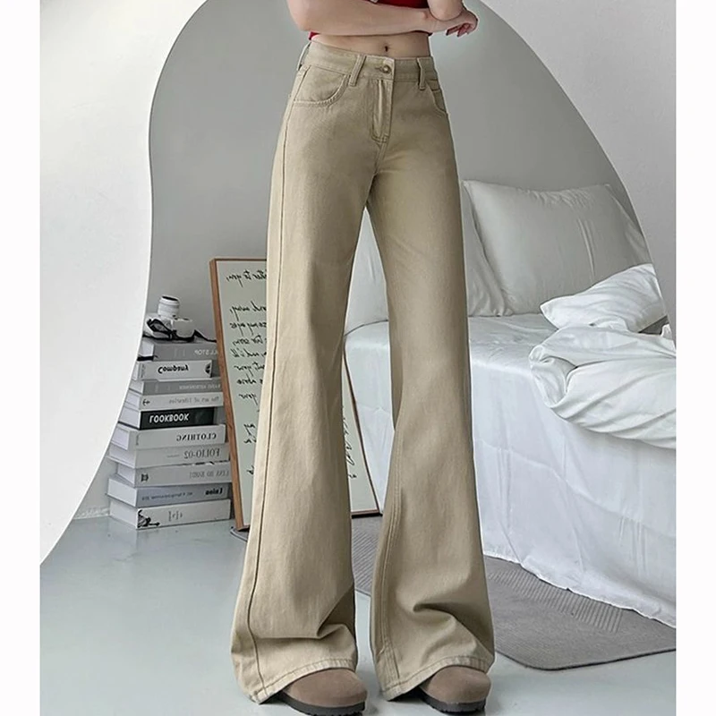 Girls Chic Khaki Low Waist Flared Jeans Women Retro Fashion Solid Denim Trousers Female Korean Thin Straight Leg Pants