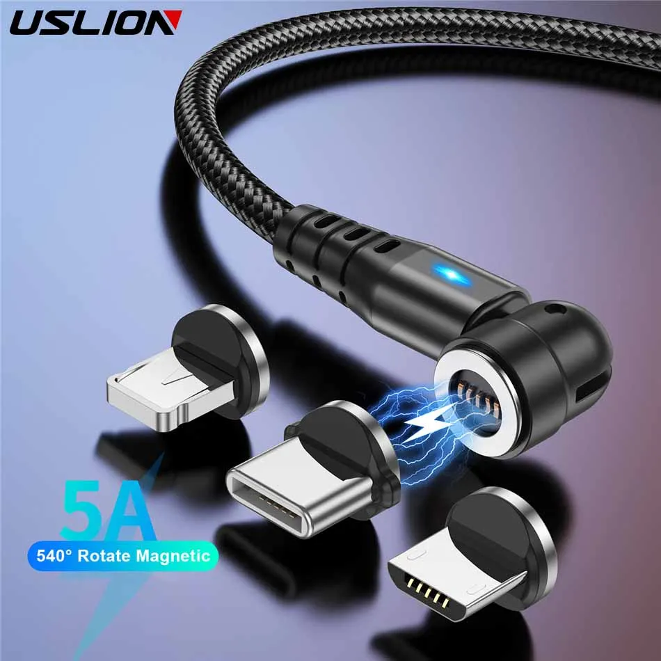 USLION 540 Rotate Magnetic Cable 5A Magnetic Fast Charging Micro USB Type C Cable For iPhone 14 Xiaomi Data USB Cord Wire Cable