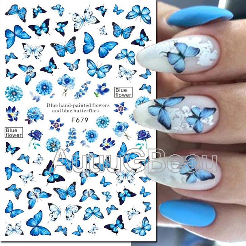 

3d Nail Art Decals Blue Butterflys Florals Flowers Leaves Adhesive Sliders Nail Stickers For Nail Manicure