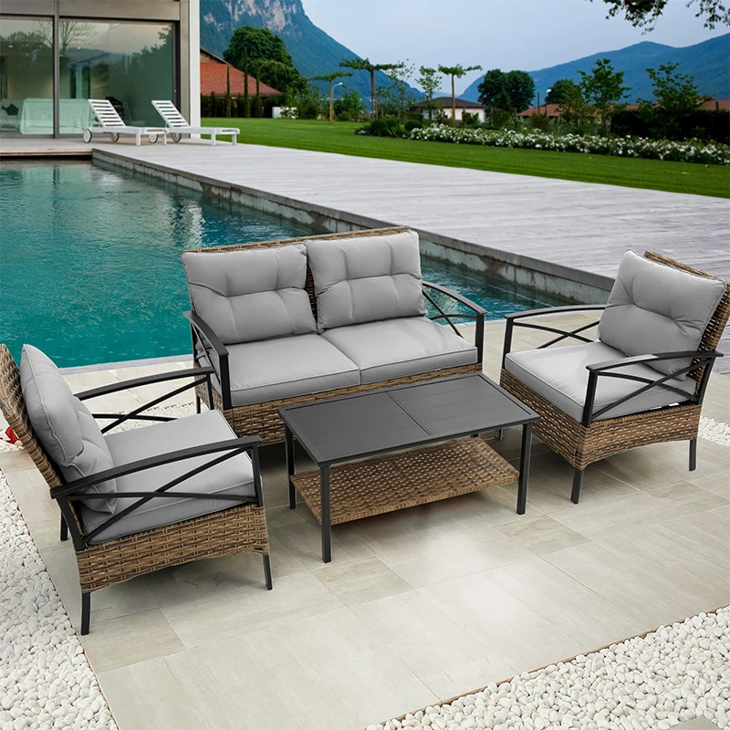 Patio 4 piece sectional low dining conversation sofa set- KD rattan wicker outdoor garden furniture corner sofa set with cushion