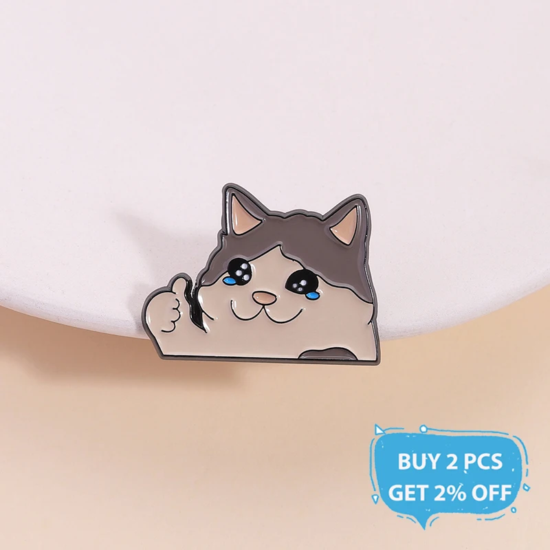 Thumb Up Crying Cat Enamel Pin Kawaii Humorous Animal Brooch Lapel Backpack Badge Funny Jewelry Gifts For Cat Lovers Friends