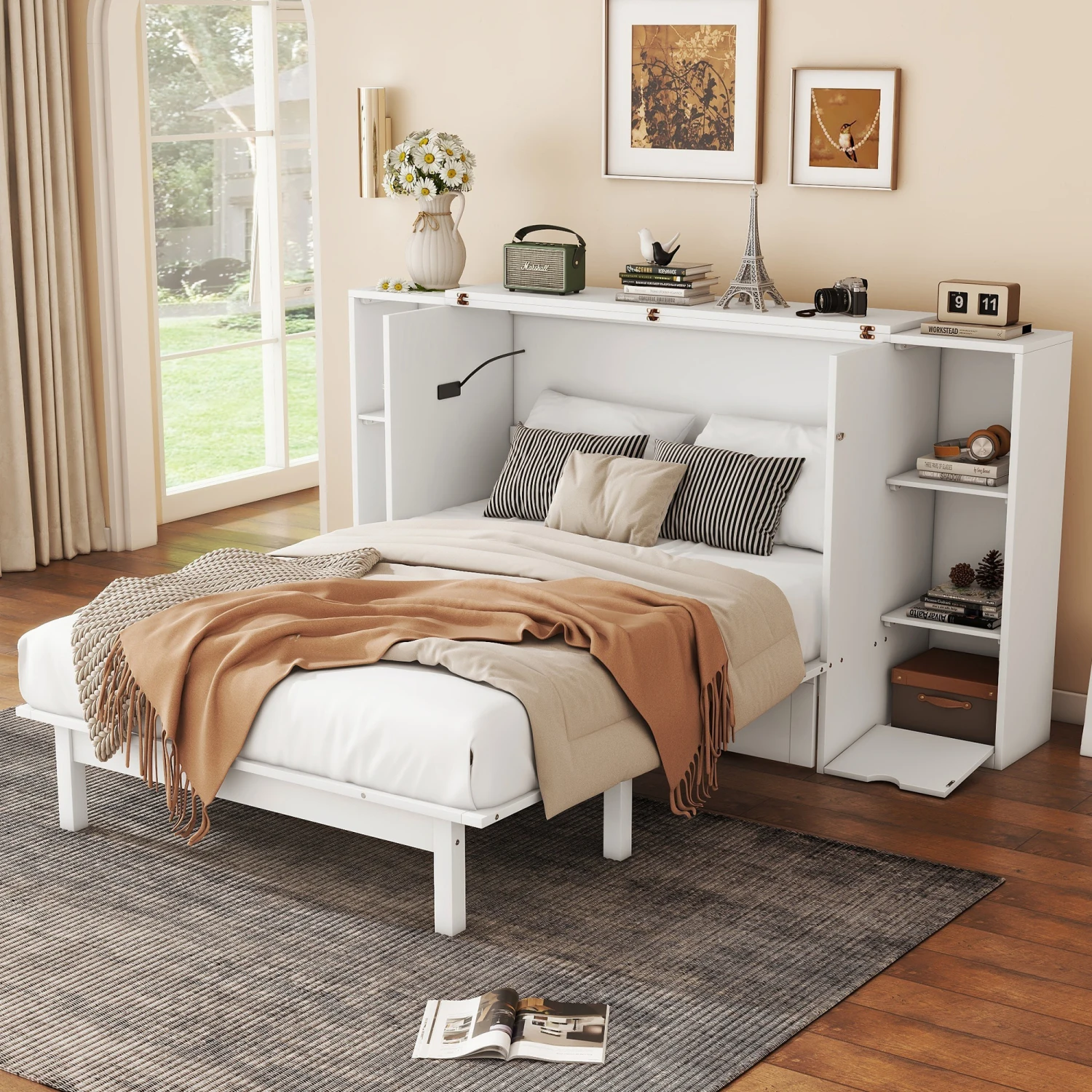 Cama Murphy de tamaño completo con estantes, cajones y puertos USB, blanca