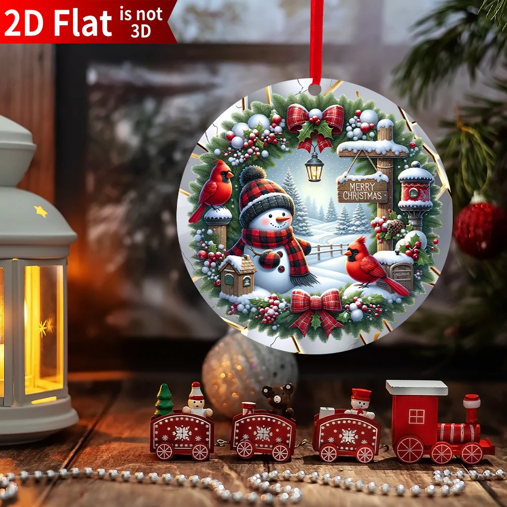 2D Flat Design Suitable for All Seasons Plastic Ornament 1pc Snowman And Cardinal Christmas Decor - Round Acrylic Hanging Orname