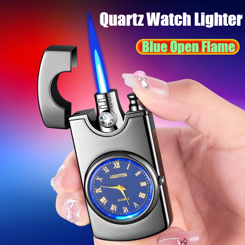 

New Watch Inflatable Lighter Exquisite Blue Light Dial Diamond-encrusted Fashionable Metal Straight Cigarette Lighters & Smoking