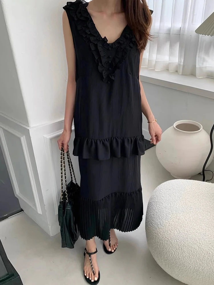 Liangliang デザイン V ネックノースリーブベストドレス女性の夏の新しいスプライシングプリーツロングスカート韓国スタイルルーズウエスト