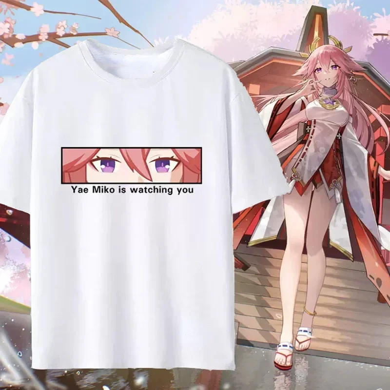 

Genshin Impact Print Women T-shirt Anime Yae Miko Is Watching You Raiden Shogun Clothes Short Sleeve T Shirt Summer Clothing Top