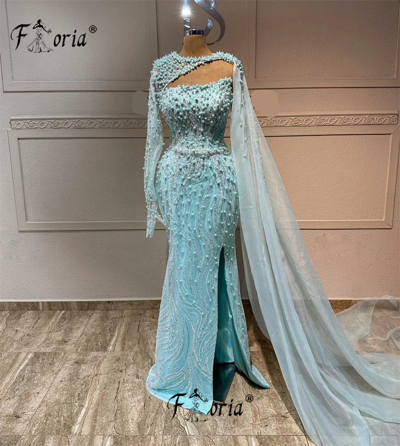 Robe de sirène perlée verte menthe, robe de soirée élégante, robe de soirée fendue, cape longue, manches longues, perles, Dubaï, célébrité, mariage