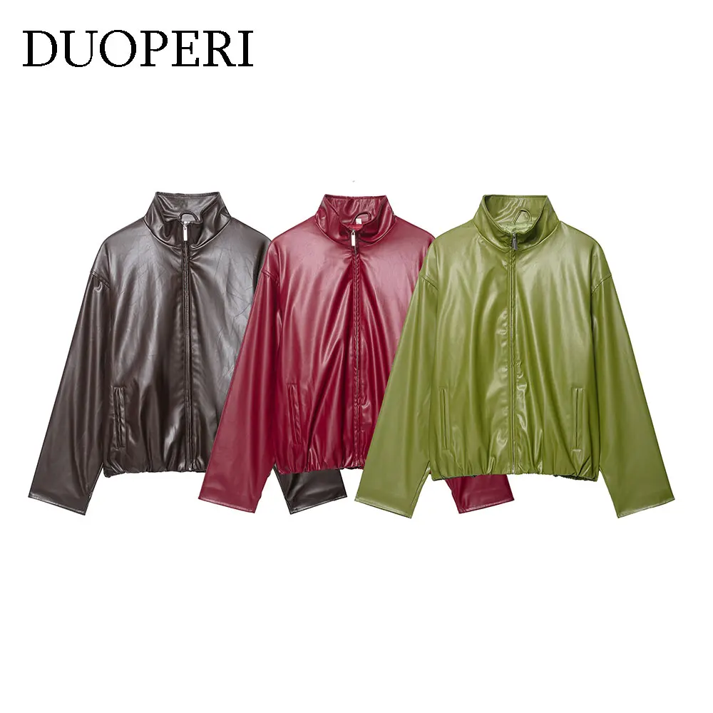DUOPERI, moda de otoño para mujer, chaquetas de PU lisas con cremallera frontal, informal, cuello alto, manga larga, trajes elegantes para mujer