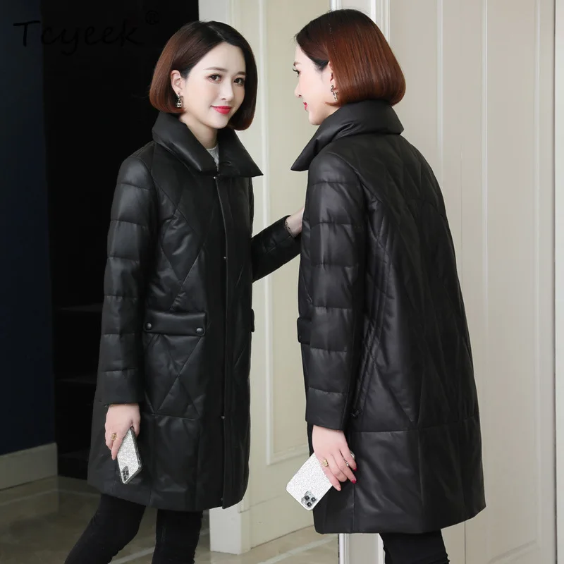 Tcyeek Echtes Schaffell Weiße Entendaunen Herbst Winter Stehkragen Schwarze Damen-Echtlederjacke Ж Ett Projektow Mohamed Ndculo