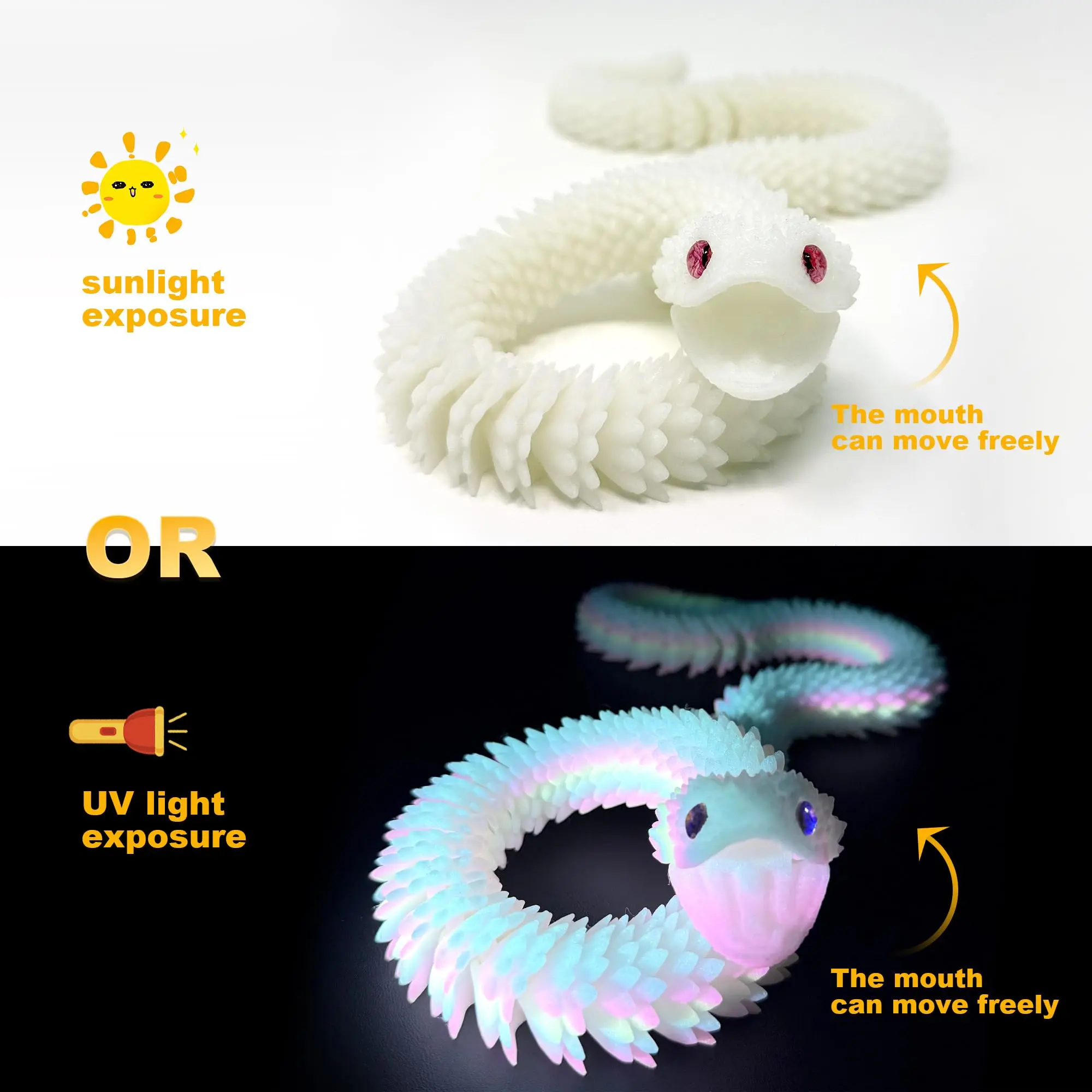 24in 3D Animals Printed Snake Toys,Fidget ADHD Snake FlexibleToys, Surprise Mystery Perfect Desk Pet for Animal Collectors