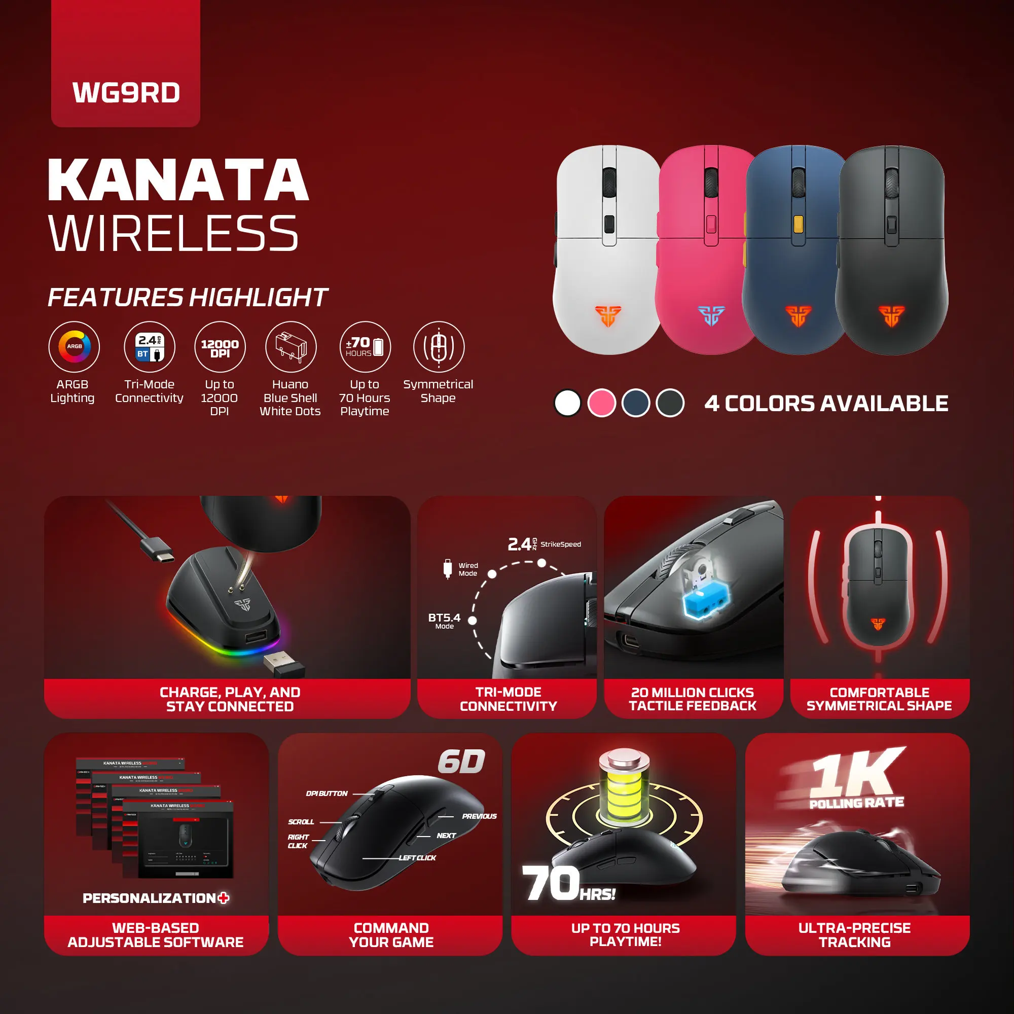 FANTECH WG9RD Wireless Gaming Mouse with Charging Magnetic Base Three Mode 12000DPI Customized E-sports Gamer Mouse