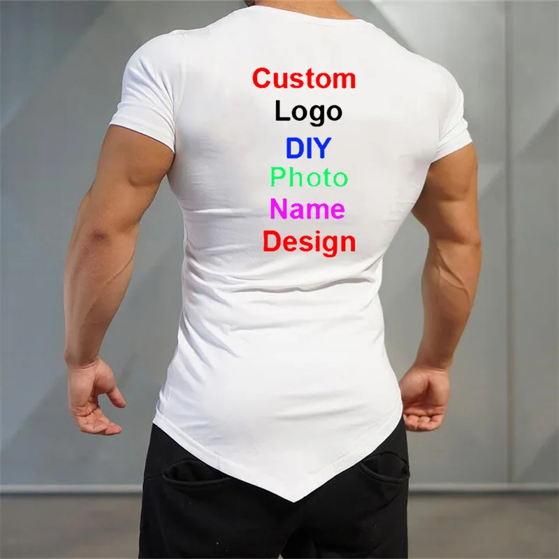 Customized DIY Brand Logo T-Shirt Mens Gym Clothing V-neck Short Sleeve Slim Fit T Shirt Ftiness Men compression Tshirt homme