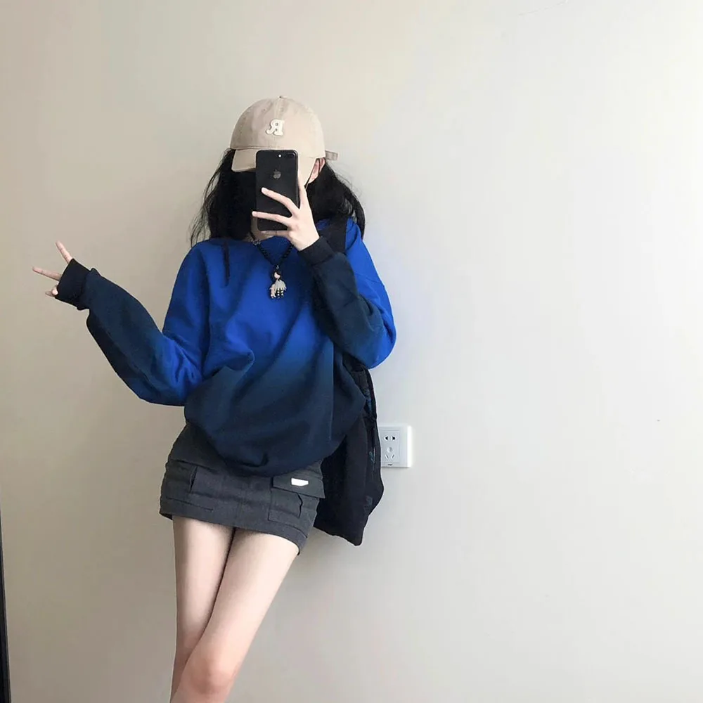 Korean Style Women's Blue Sweatshirt Autumn New Fashion Gradient Hoodies Female y2k Woman Clothing Casual O-neck Long Sleeve Top