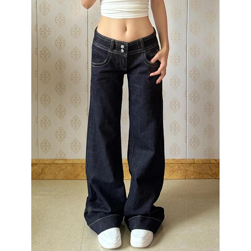 

Женские винтажные синие джинсы, модная уличная одежда Y2K, широкие прямые брюки с высокой талией, классические мешковатые джинсовые брюки-бойфренды