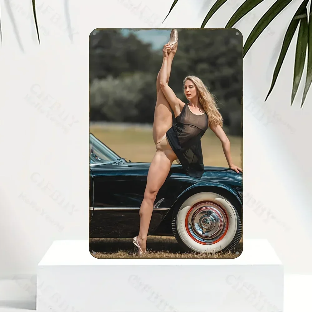 VintageBalletCar ™ Arte de pared metálico - Diseño retro de bailarinas de ballet y coches clásicos | Impermeable para decoración del hogar, jardín y bar