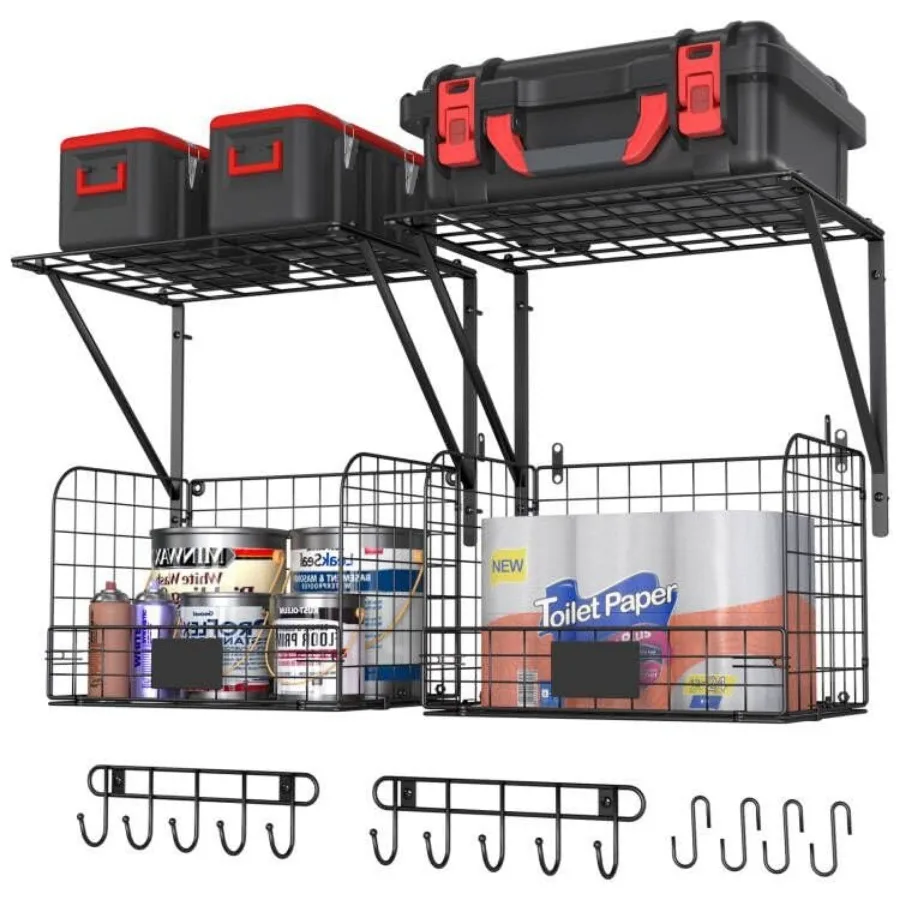 

2 Pack Garage Shelves Wall Mounted with Wire baskets, Heavy Duty Garage Wall Shelving with Hooks, Wire Shelf Baskets Tool Organ