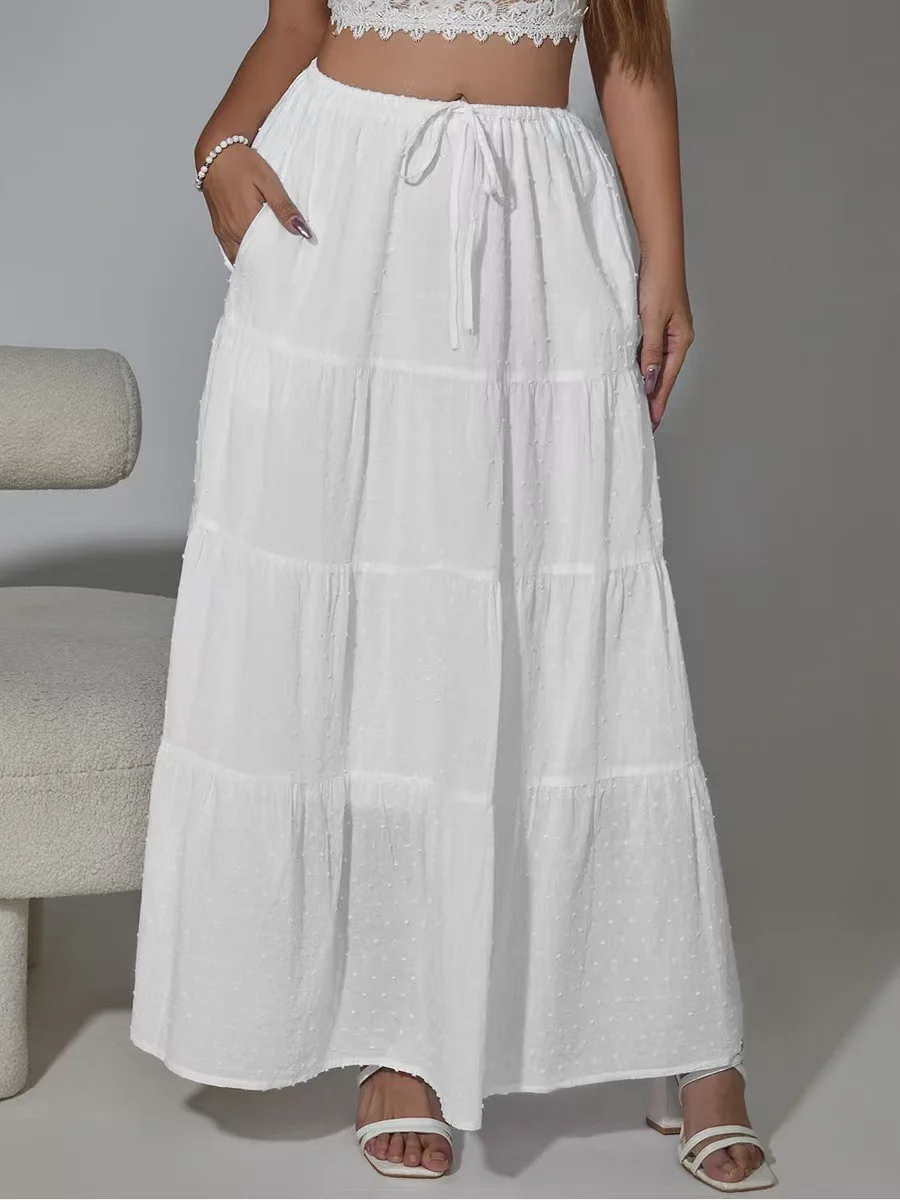

Adjustable Drawstring High Waist Splicing Skirt Long A-Line Midi Skirt for Women Daily Travel Polyester Fabric Lace up