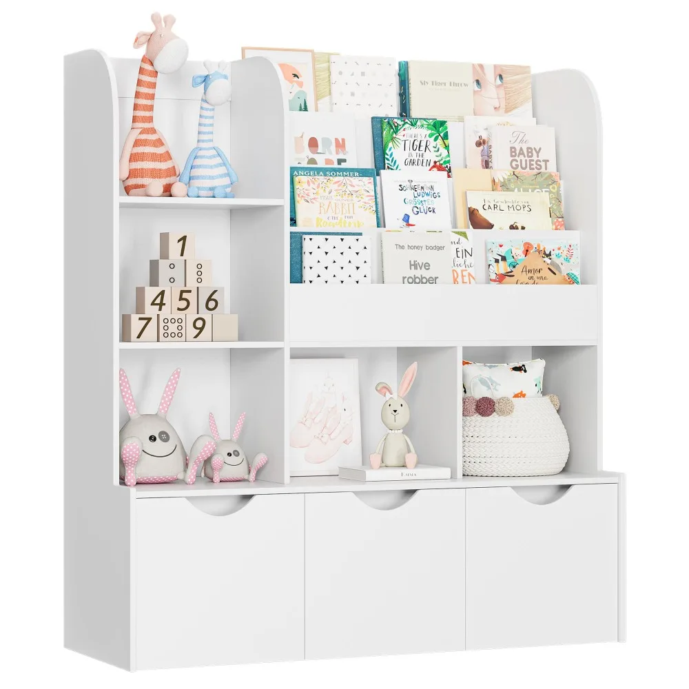 

47'' Kids Bookcase and Bookshelf, Bookcase Display Stand with 5 Storage Cubbies and 3 Movable Drawers