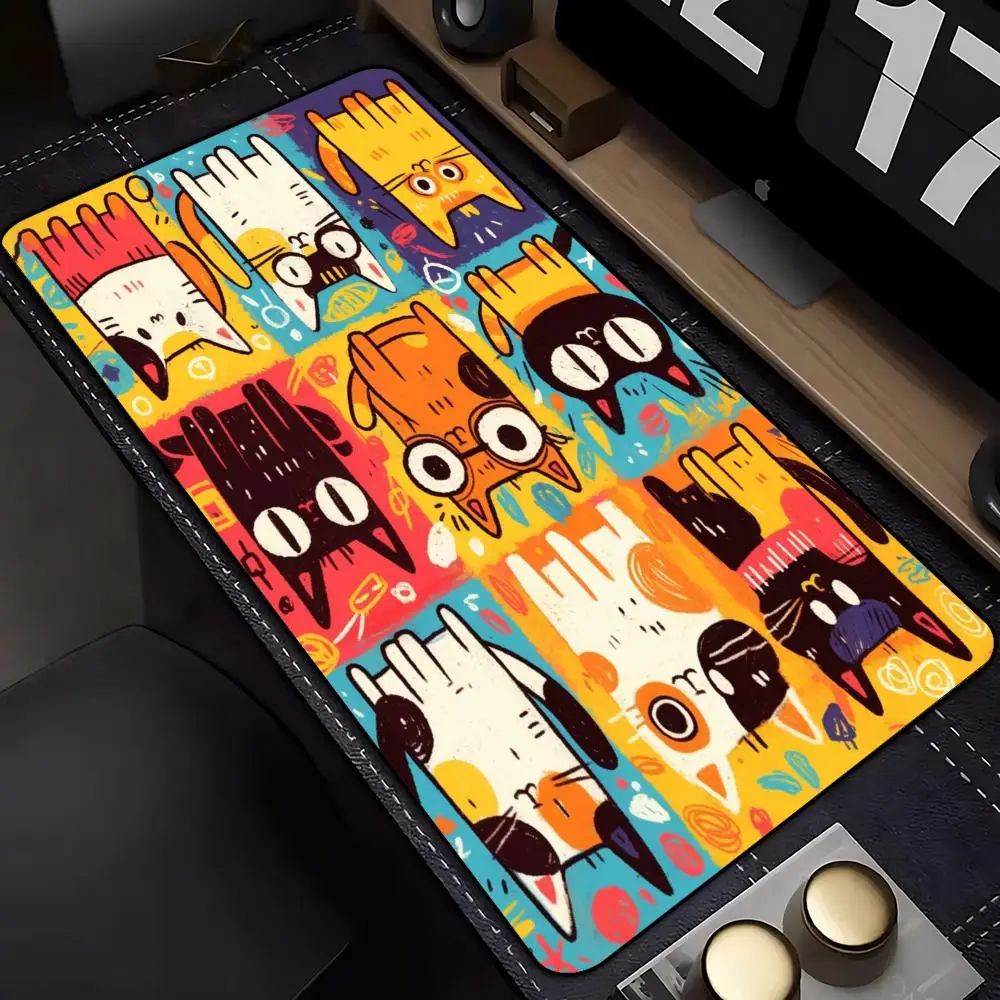 Large XXL Gaming Mouse Pad Desk Mat Keyboard Pad Cartoon Color Block Funny Cat Doodle Print Extended Stitched Edge Mat PC Gamer