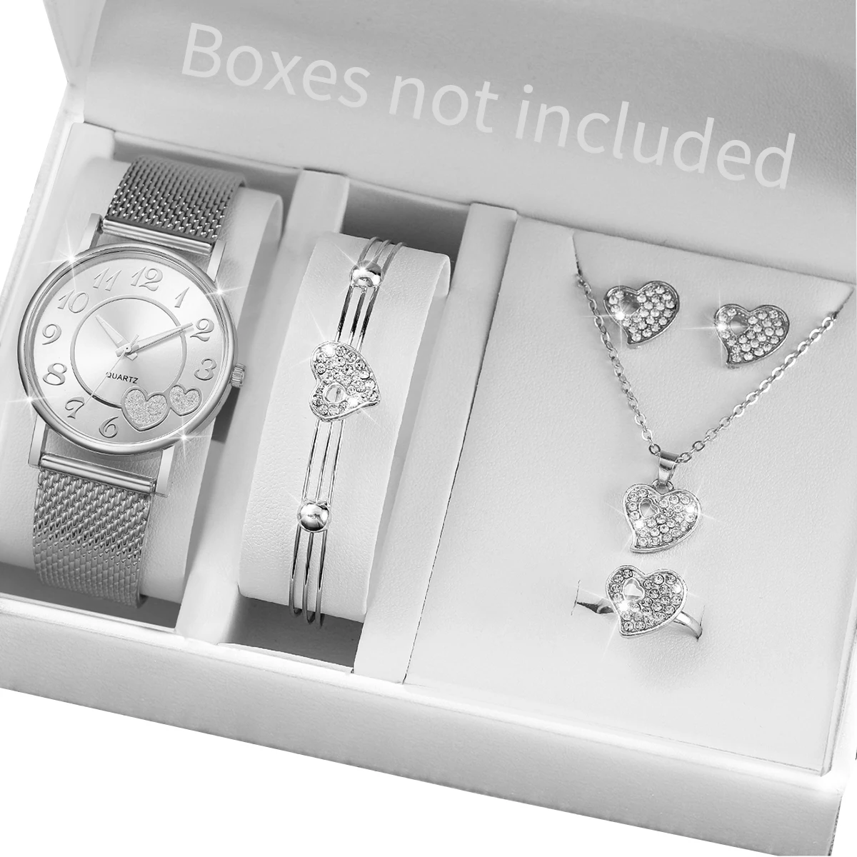 6PCS/Set Women\'s Watch Fashion Plastic Band Quartz Watch Rhinestone Heart Jewelry Set（Without Box）