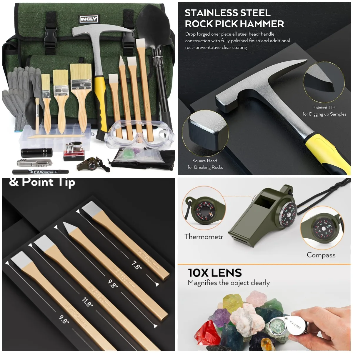 

Набор молотков для геологии, 26 шт., с долотами, лопатой, компасом, свистком, щетками для добычи золота и поразведки золота