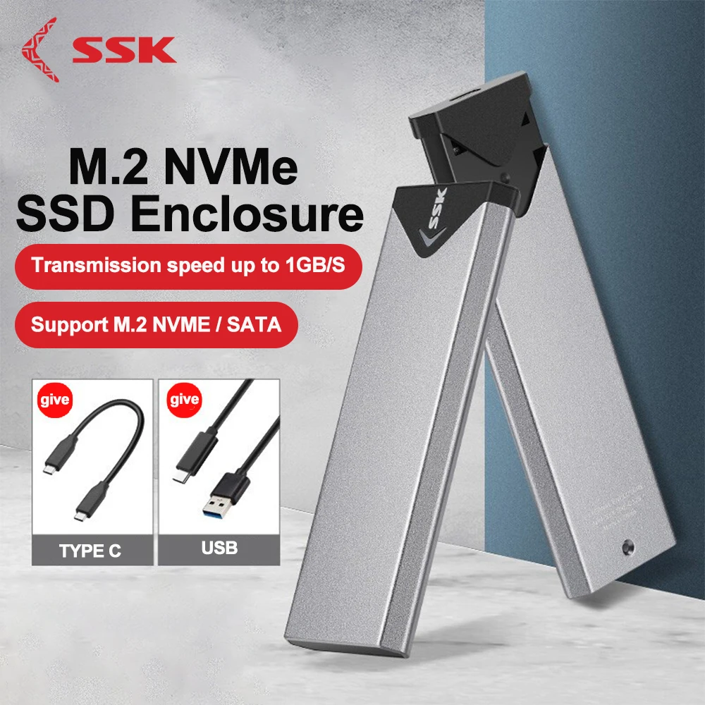 

SSK Aluminium M.2 NVMe SSD Enclosure Adapter USB3.1 Type-C Hard Disk Case External Enclosure NGFF NVMe S2242/2260/2280 HDD Case