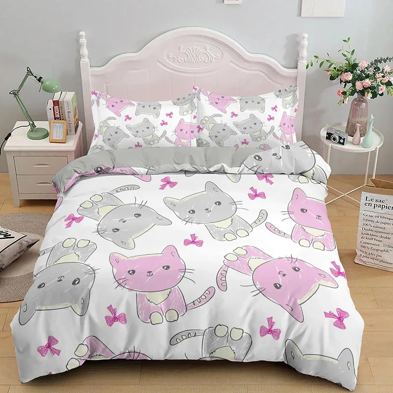 3PCS einseitig bedruckte Bettwäsche-Set, Tröster Cartoon süße Katze Bettdecke Bettwäsche Abdeckung Kissen bequeme Tagesdecken Bettwäsche-Set – Detail 5
