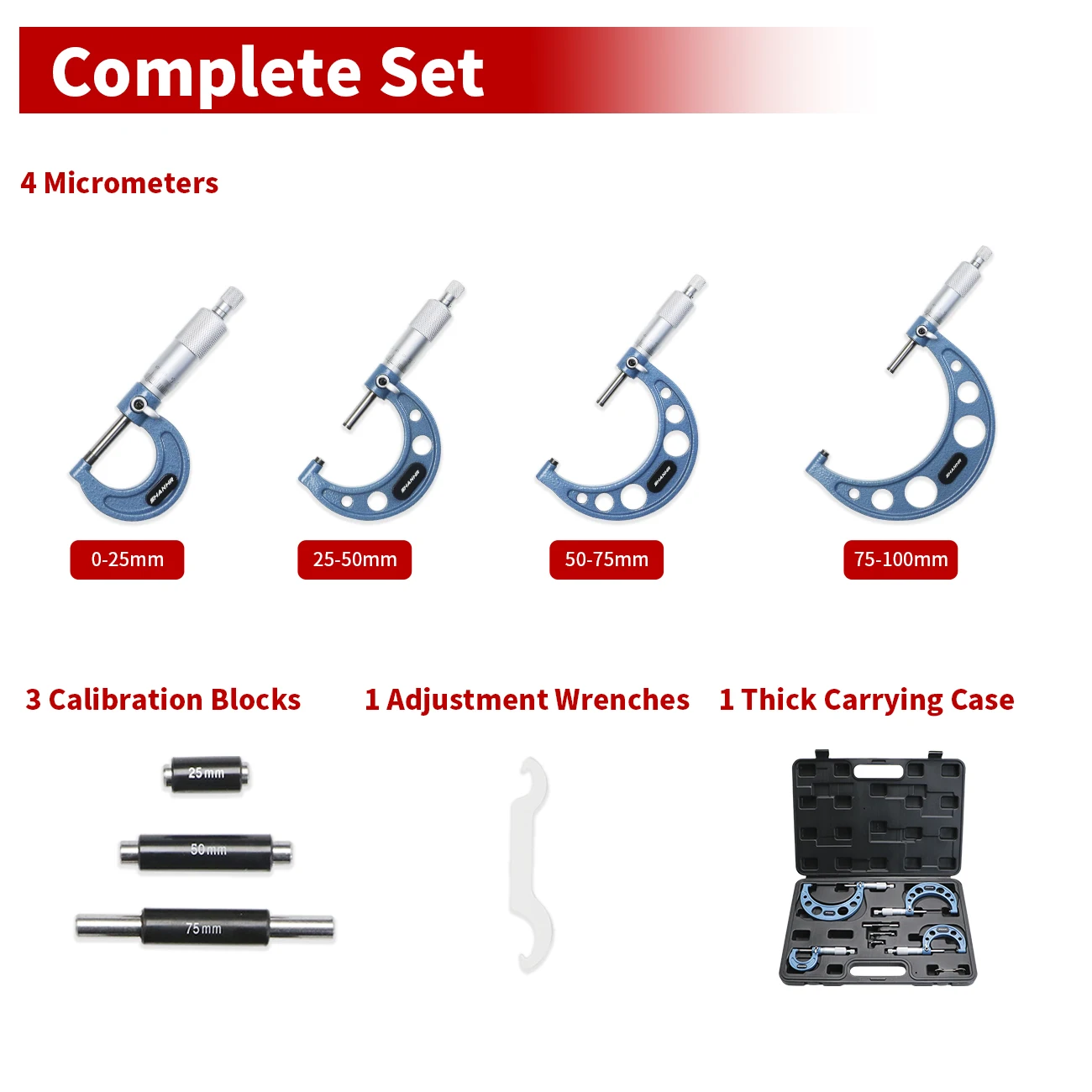 SHANHR 0-100mm Range 0.01mm Graduation (4 Piece Micrometer Set), 0-25mm-50mm-75mm-100mm Outside Micrometer Set