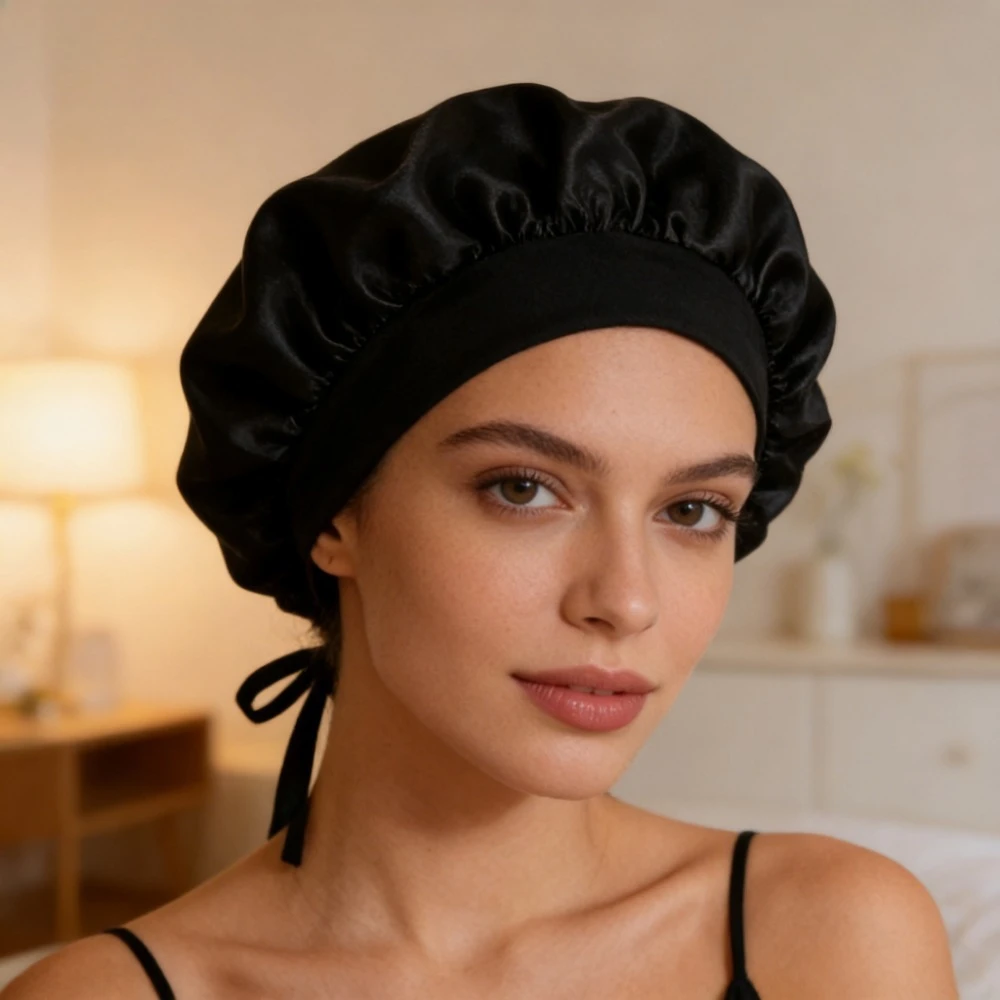 

1pc Women Solid Color Satin Wide-Brim Shower Cap, Reusable Silk Satin Bonnet for Daily Hair Care & Bath Use