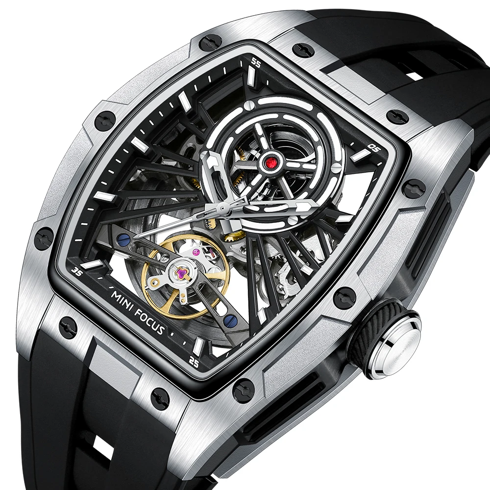 MINI FOCUS Skeleton Automatic Watch for Men Tonneau Stainless Steel Case Outdoors 50m Water Resistance Silicone Sport Band 0603G