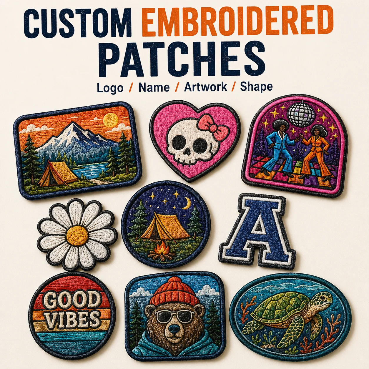Custom Bulk Embroidery Patches Personalized Logo Name Badge Iron On Sew On Hook and Loop for Clothing Hats Bags Uniforms