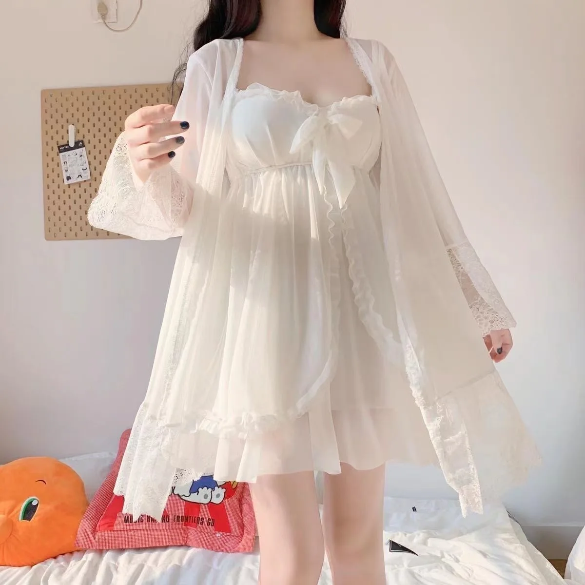 High Quality Hot Elegant Sweet Simple Solid White Women Robe Gown Sets Chic Lace Bow Mesh Sleepwear Breathable Slim Nightdress