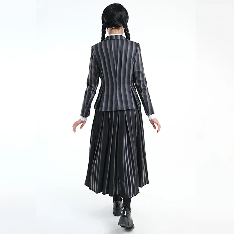 Wednesday Addams Cosplay Costume for Girls Kids Wednesday School Uniform Wig Full Suit Halloween Party Women Clothes Costumes