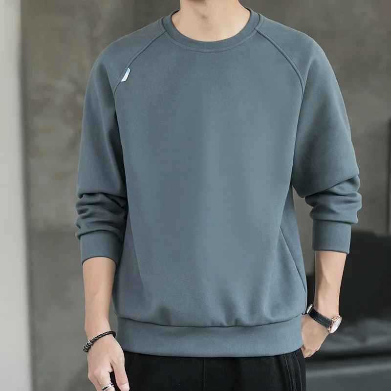 

Мужская зимняя толстовка с круглым вырезом и длинным рукавом, свободная повседневная футболка, однотонная базовая футболка, модная новинка, молодежный стиль