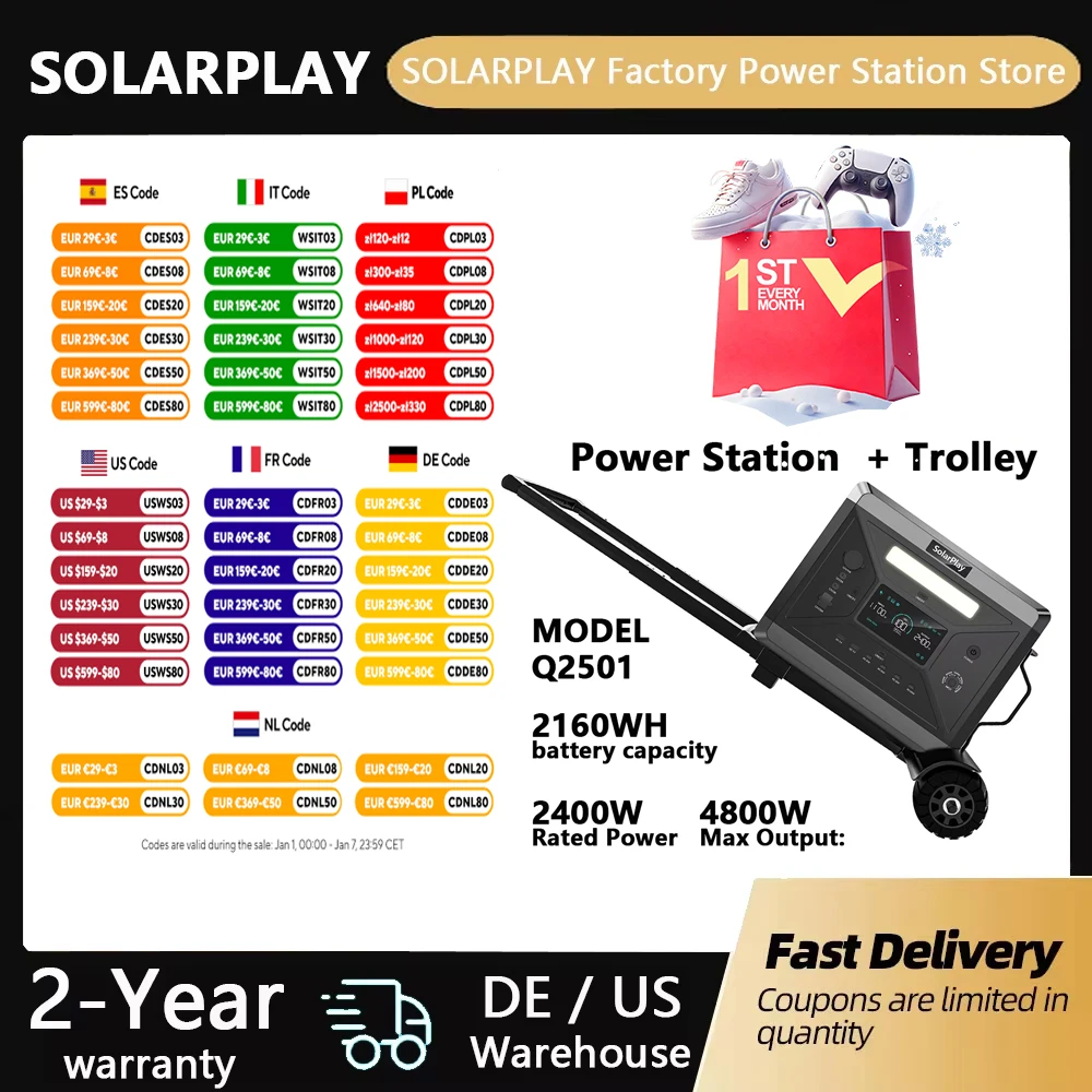 SOLARPLAY 2400W Power Station with Trolley Convenient Solar Generator UPS Function LiFePO4 Battery for Emergency Home Backup