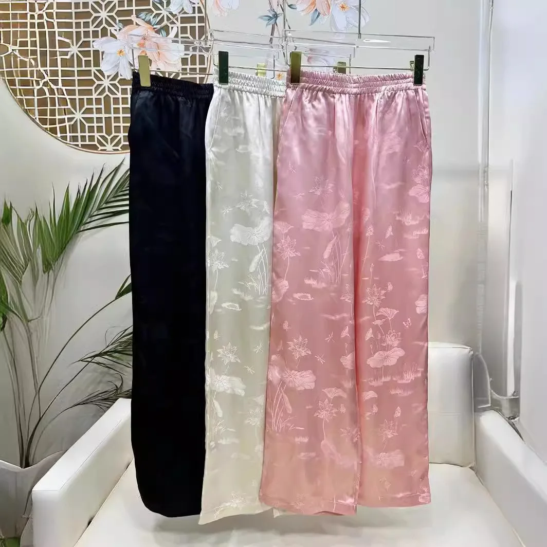 High-end Spring Summer Women Satin Jacquard Wide Leg Pants Vintage Lady Casual Loose Trousers Female S-XXL