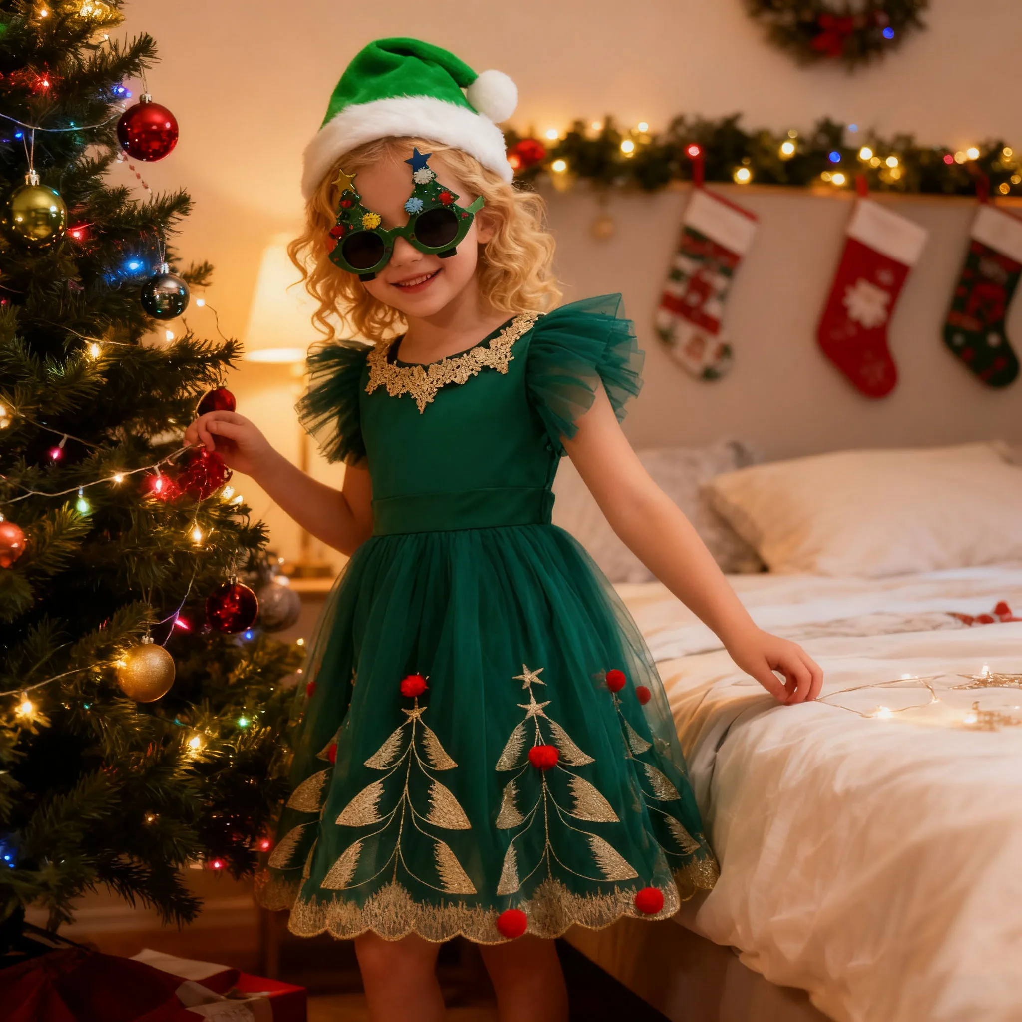 Girls Xmas Dress +hat+glasses Christmas Fashion Mesh Gown Girls Princess Dress Party Costumes 3 to 8year NewYear Clothes