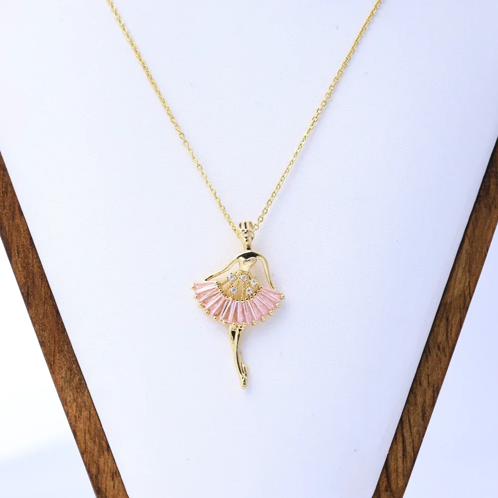 Elegant Ballet Girl Angel Pendant Necklace, 18K Gold Plated with Pink Zircon, Stylish Jewelry Decoration for Women