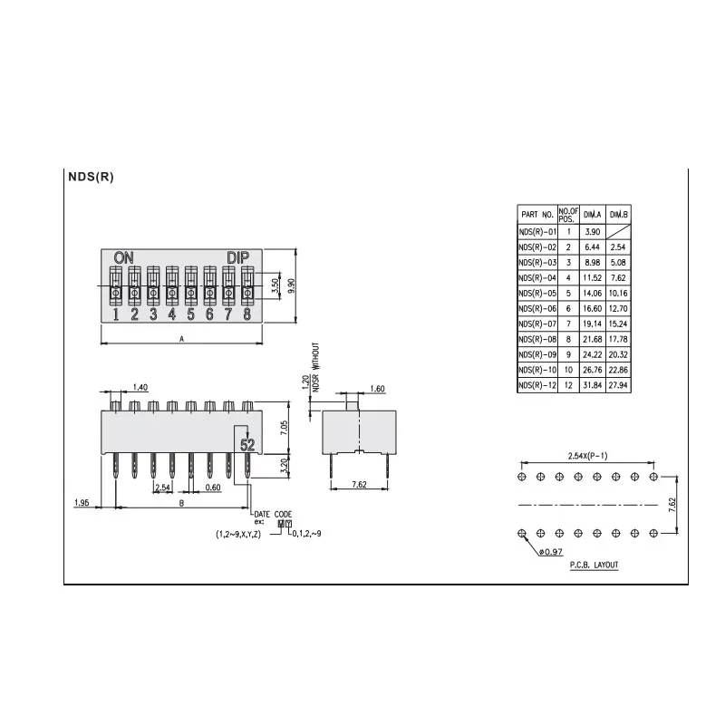 5 pz/lotto Taiwan DIP NDS-12BV DIP Switch 12 posizioni dritto passo 2.54mm piatto Piano tipo di chiave blu