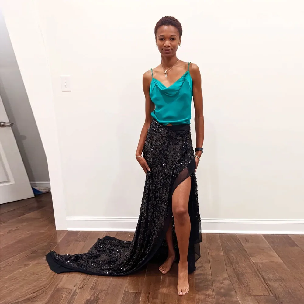 

Amazing Shiny Black Sequined Split Long Women Skirts With Train Formal Sparkle Sequined Skirt To Party Bridal Skirt