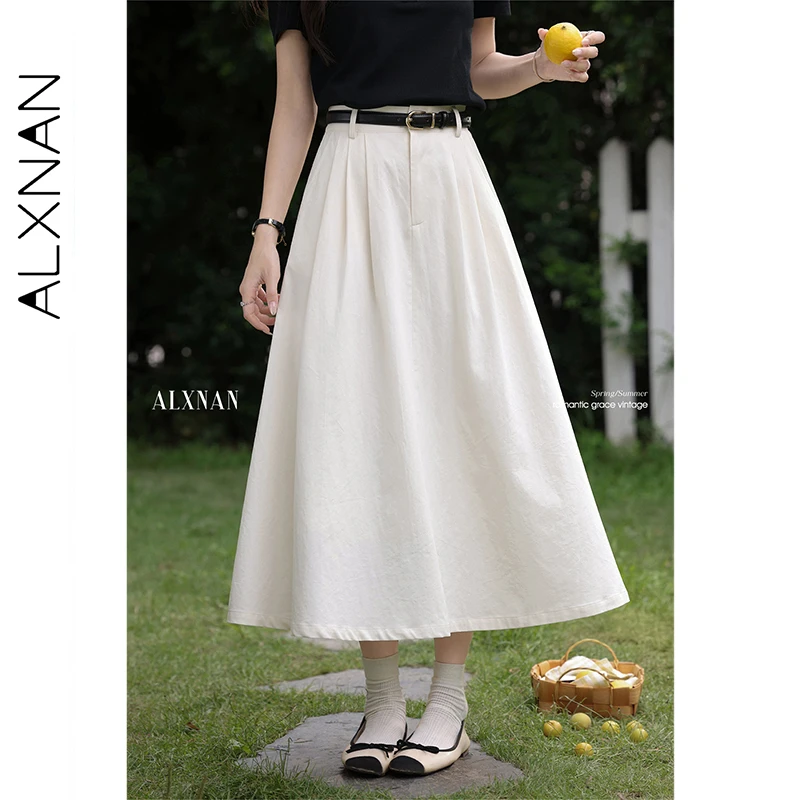 

ALXNAN длинная женская юбка, элегантная повседневная юбка трапециевидной формы из 100% хлопка, юбка миди, лето 2021, офисная женская одежда свободного покроя, L56073