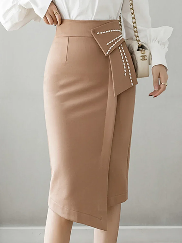 

Chic Fashion Irregular Straight Skirts Women Elegant Pearls Beading High Waist Casual Midi Skirt Office Lady Wrap Hip Skirts B72